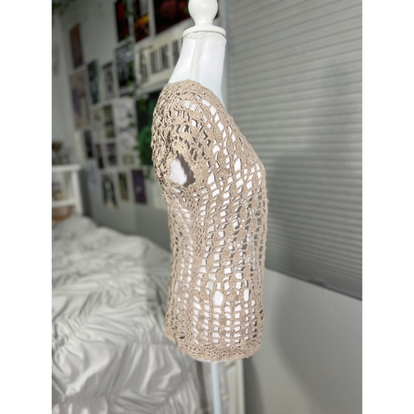 Say What? XS Tan Crochet Knit Open Cardigan Vest Boho Festival Layering Top - Picture 3 of 9